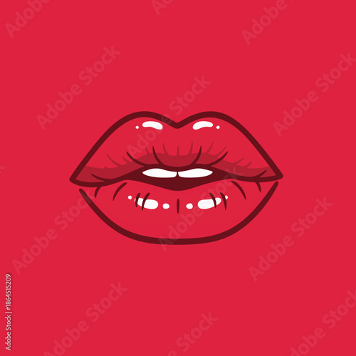 Bold illustration of red lips with fangs on a solid red background, perfect for designs needing a touch of playfulness or spookiness.