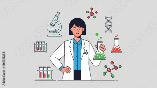 Female scientist in lab coat holding green beaker with colorful test tubes microscope dna