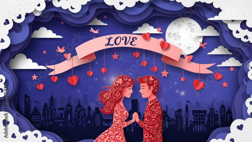 Romantic couple under pink love banner with hearts and city skyline at night