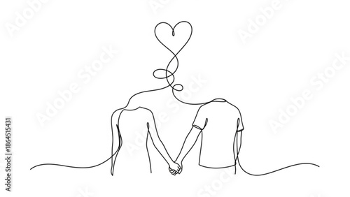 Continuous line drawing of a couple holding hands with a heart above them symbolizing love