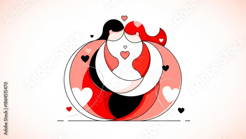 Loving couple embracing surrounded by hearts in modern minimalist illustration style