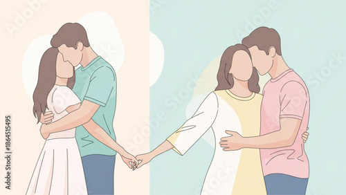 Loving couple embracing and kissing each other with hands holding in romantic gesture
