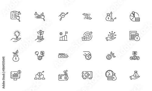 Financial symbols and business tools in corporate workspace, icon set for UI design and presentation illustration