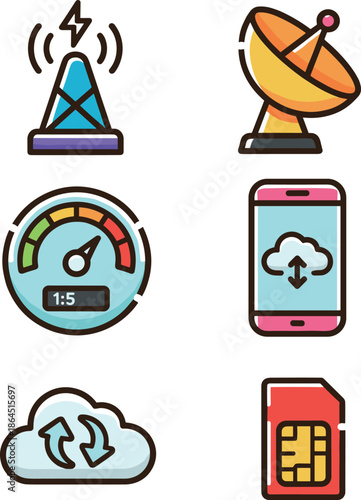 Telecommunications and Network Connectivity Icons with Radio Tower, Satellite Dish, Speedometer, Mobile Phone and SIM