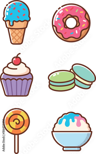 Set of sweet dessert icons including ice cream donut cupcake macaron lollipop and shaved ice in cute colorful cartoon flat style