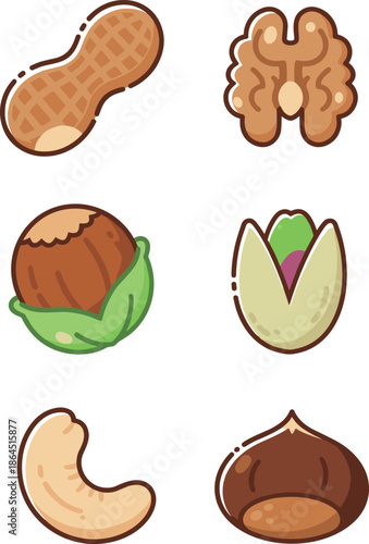 Collection of healthy nut icons featuring peanut walnut hazelnut pistachio cashew and chestnut in flat cartoon illustration style