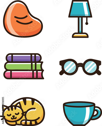 Cozy lifestyle icons for reading and relaxation featuring bean bag lamp books glasses sleeping cat and coffee cup design