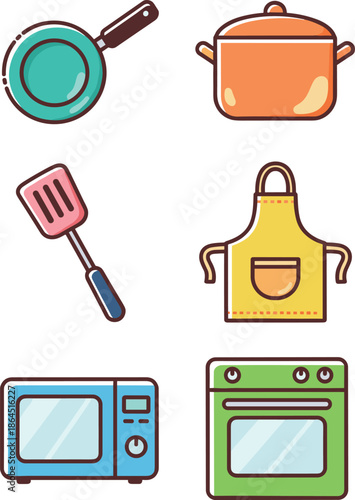 Kitchen equipment icons featuring frying pan cooking pot spatula apron microwave and oven for home cooking and bakery themes