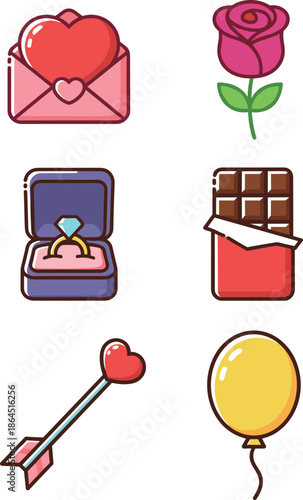 Valentine romantic icons featuring heart letter rose diamond ring chocolate arrow and balloon for love celebration designs