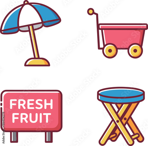 Summer street food market icons featuring sun umbrella wagon fresh fruit sign and folding stool for outdoor festival design