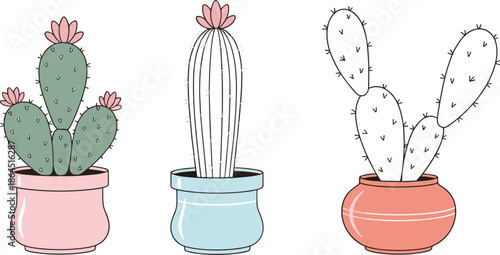Cute Potted Cactus Illustration Set with Minimal Hand Drawn Style for Home Decor and Design Projects