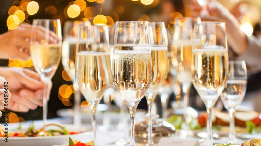 Obraz premium Sparkling Champagne Flutes Ready for a Festive Toast at a Celebration, Surrounded by Warm Bokeh Lights and Hints of a Delicious Meal