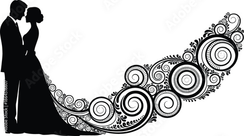 Romantic wedding couple silhouette with bride in long ornate floral swirl dress and groom for marriage invitation card design decorative vector illustration isolated on white background