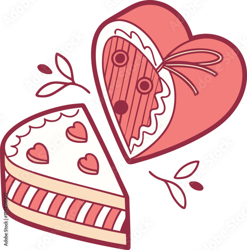 A lovely illustration of a slice of layered cake and a heart-shaped box for valentine's day