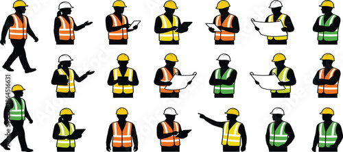 Construction worker illustration set with engineers wearing safety vests and helmets holding plans, tablets and communicating on site