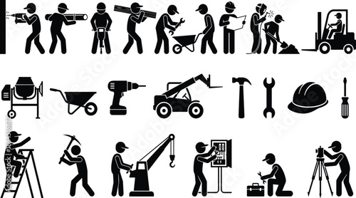 Construction worker pictogram set showing labor activities tools machinery safety equipment and industrial work processes isolated on white