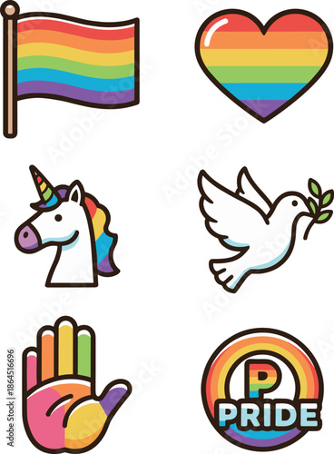 LGBTQ Pride Month Celebration Icon Set Featuring Rainbow Flag, Heart, Unicorn, Peace Dove, Rainbow Hand, and Pride Badge Symbols