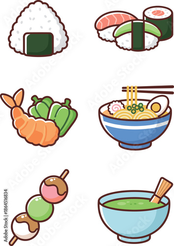 Japanese cuisine food icons collection with sushi rolls ramen noodles tempura shrimp dango dessert and matcha tea in flat style