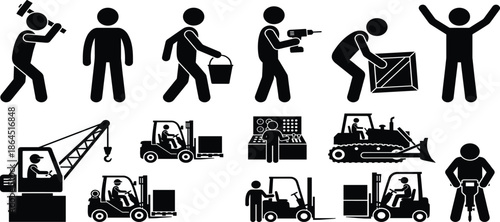 Industrial worker pictogram icon set showing manual labor, construction activities, machinery operation and logistics processes in black silhouettes