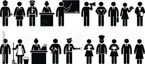 Professional people silhouette icon set showing workers from different occupations including police, teacher, chef, cleaner and business staff