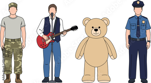 Different Human Characters With Occupations Soldier Musician Teddy Bear Mascot And Police Officer Flat Vector Illustration