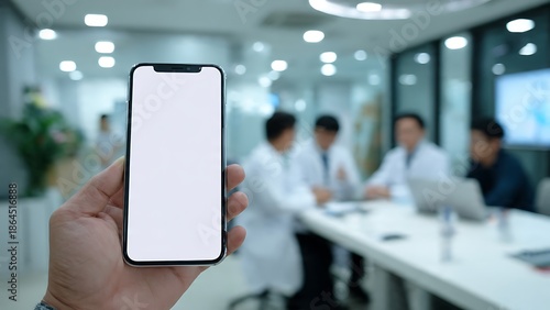Hand holding a smartphone with blank screen in a modern medical office.