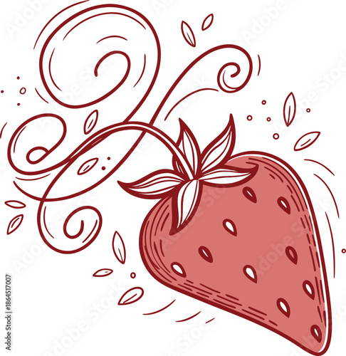 Hand-drawn strawberry illustration with decorative swirls and doodles