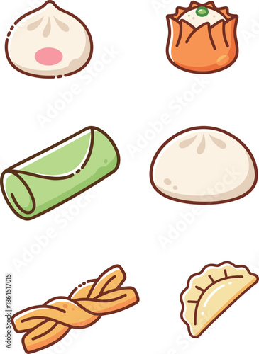 Traditional chinese dim sum and breakfast icons set with steamed bun siu mai spring roll fried dough twist and dumpling isolated