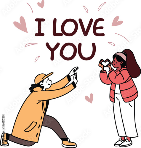 A couple expresses their love with gestures and a written declaration