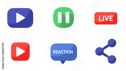 Flat design digital media icons: play, pause, live, reaction, share. Graphic elements for online content and UI.