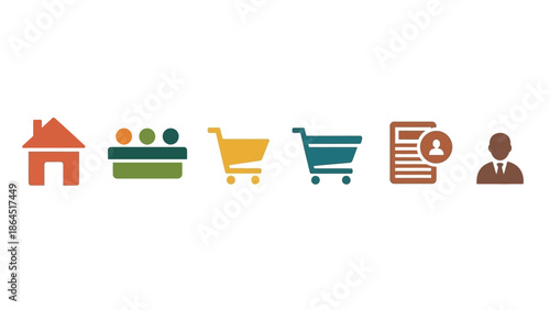 Brightly colored flat design vector icons demonstrating essential e-commerce and website navigation elements for digital interfaces.