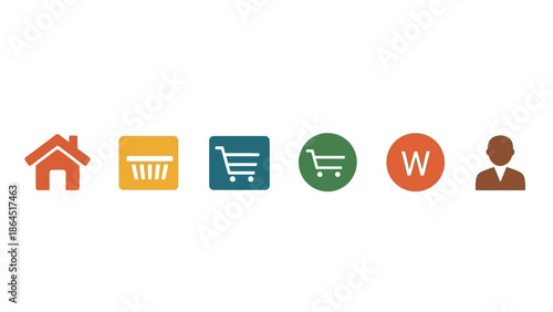 Modern flat design web and app interface icons: home, shopping cart, basket, user profile for digital navigation and e-commerce.