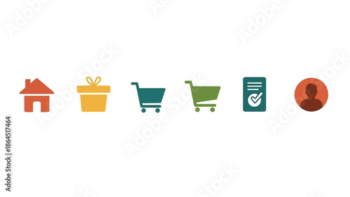 Colorful flat design icons for e-commerce user interface navigation, depicting online shopping, gifts, orders, and user accounts.