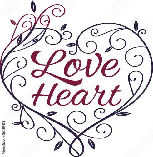 An ornate love heart design featuring a decorative vine frame and elegant text