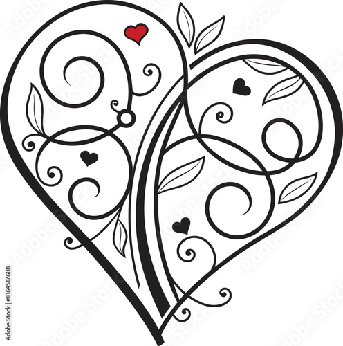 Decorative heart design with intricate swirls and leaves for romance