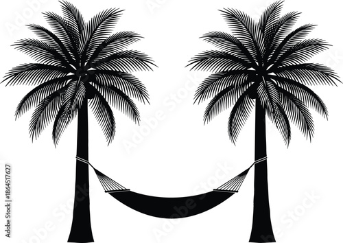 Tropical palm trees silhouette vector with relaxing hammock hanging between trunks isolated on white background for summer vacation design