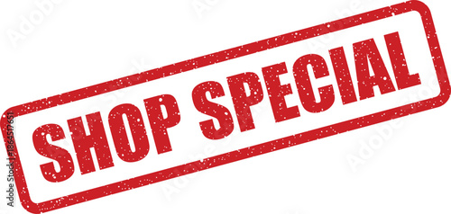 Rectangular red rubber stamp displaying shop special with a vintage distressed texture for retail messaging