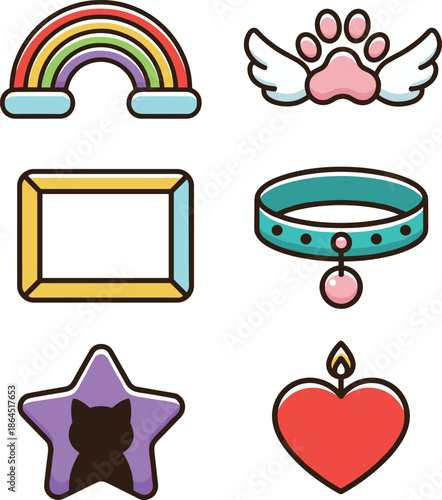 Pet Memorial and Cat Care Concept Icons with Rainbow Paw Wings Picture Frame Collar Star Silhouette and Candle Heart Graphics