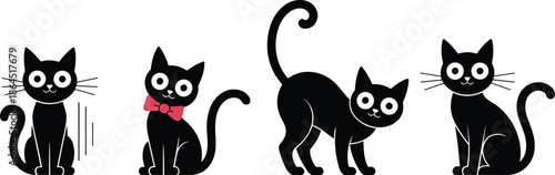 Cartoon vector illustration set of a cute black cat in various poses including sitting standing and wearing a red bowtie.