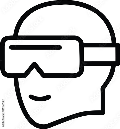 A minimalistic black and white line art icon depicting a person wearing a virtual reality headset