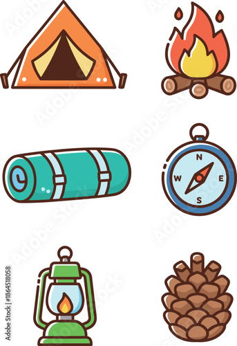 Camping and outdoor adventure gear set with tent campfire sleeping bag compass oil lantern and pine cone flat design icons