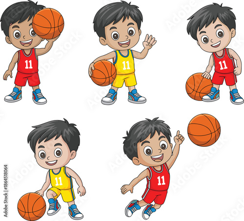 Cartoon vector illustration set of a young boy playing basketball dribbling the ball jumping and shooting in different poses
