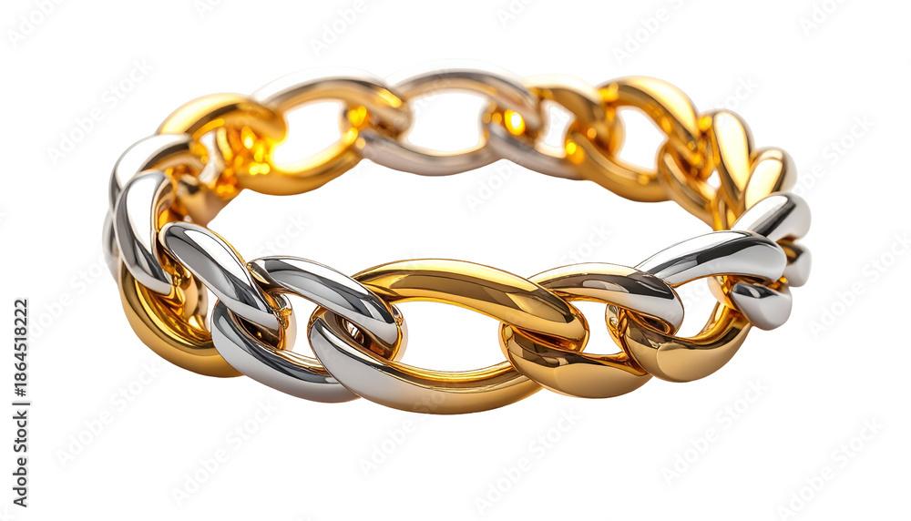 Obraz premium A two-toned ring, featuring interwoven links of polished gold and silver, displayed against a black background