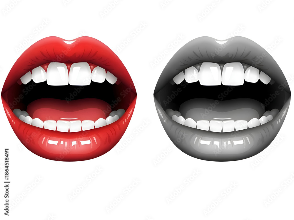 Fototapeta premium Vibrant Red and Grayscale Open Mouths with Teeth and Tongue Graphic Art on white background Isolated on Transparent Background