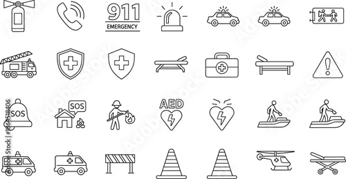 Emergency And First Aid Line Icon Set With Ambulance Police Fire Rescue SOS And Medical Symbols Vector Illustration