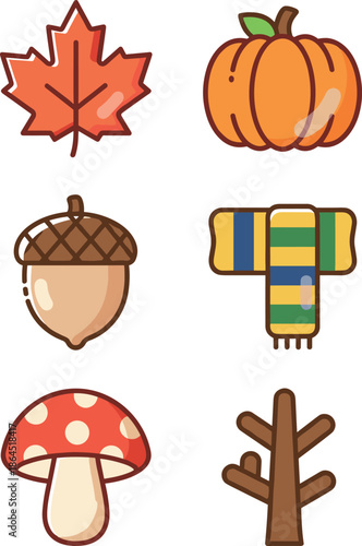 Autumn Season Nature Elements Collection with Maple Leaf Pumpkin Acorn Warm Scarf Mushroom and Bare Winter Tree Branch for Fall Decor