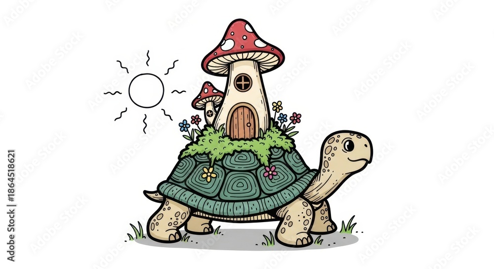 Fototapeta premium Fantasy Tortoise House with Mushroom Roof and Flowers, Sunny Day