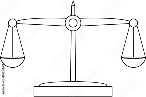 A black and white line drawing of a two pan balance scale with a central pillar and equal sized pans on either side