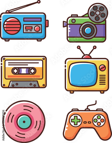 Retro Media and Entertainment Icons Set with Radio Video Camera Cassette Tape Television Vinyl Record and Game Controller Graphic