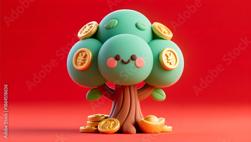 Cute clay style money tree 3D illustration on red background